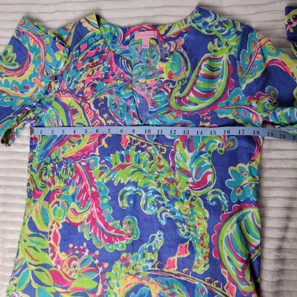 Lilly Pulitzer Dress Small Linen 3/4 Sleeve Blue Pink Paisley Print Tunic Dress - Picture 4 of 9